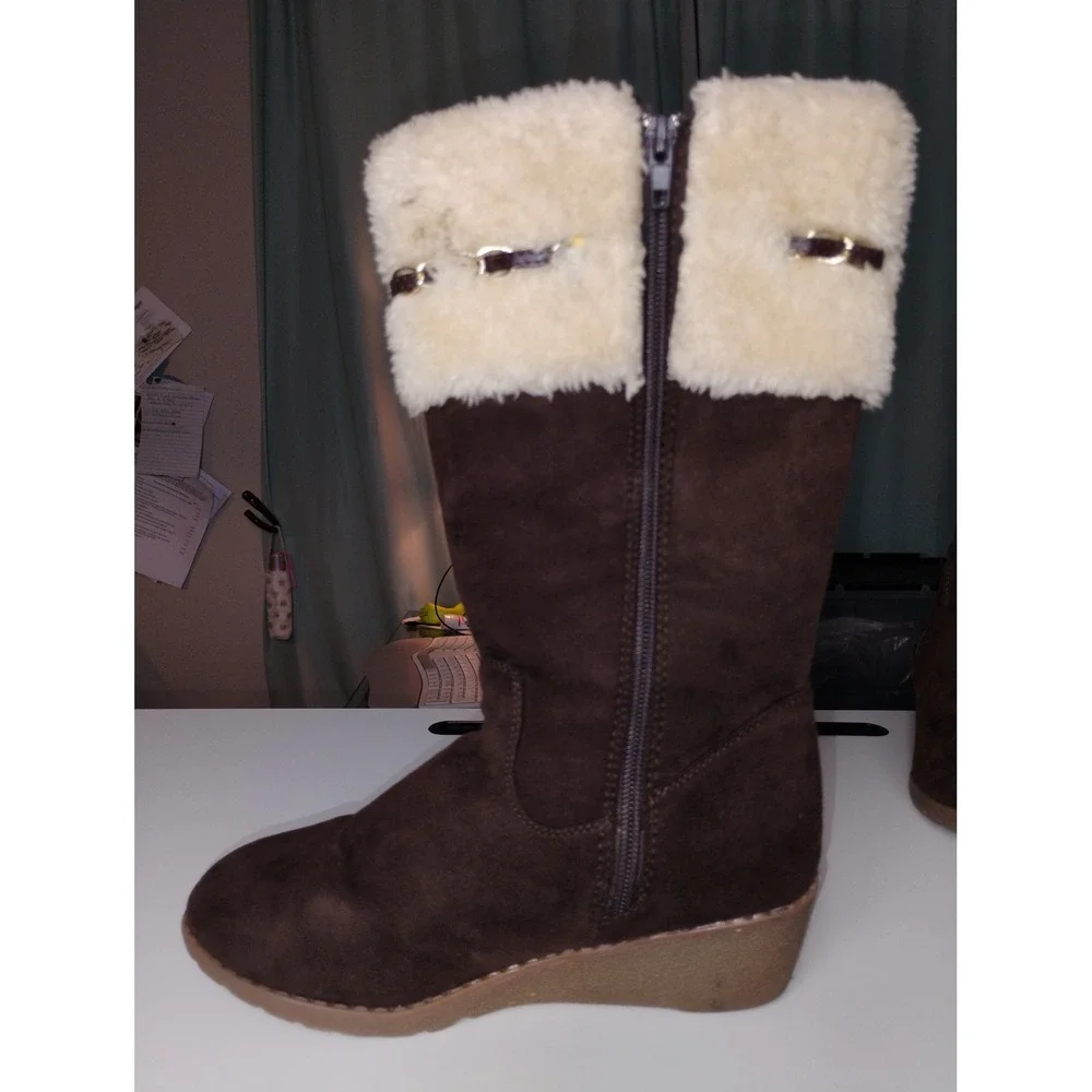 Girls Brown Faux Suede Fur Trimmed Winter Snow Boots Wedge Heel‎ Kids Size